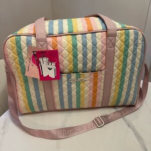 NWT Betsey Johnson Pink Rainbow Striped Weekender Duffle Travel Luggage Bag